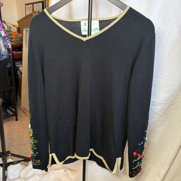 Quacker Factory Womens V neck black sweater. M. Sequin christmas tree sleeves - Picture 7 of 7